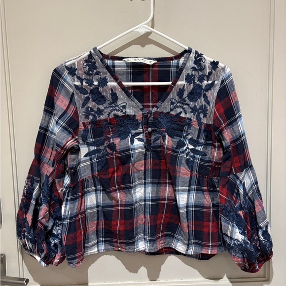 Zara Red and Blue Cropped Blouse - Picture 1 of 7